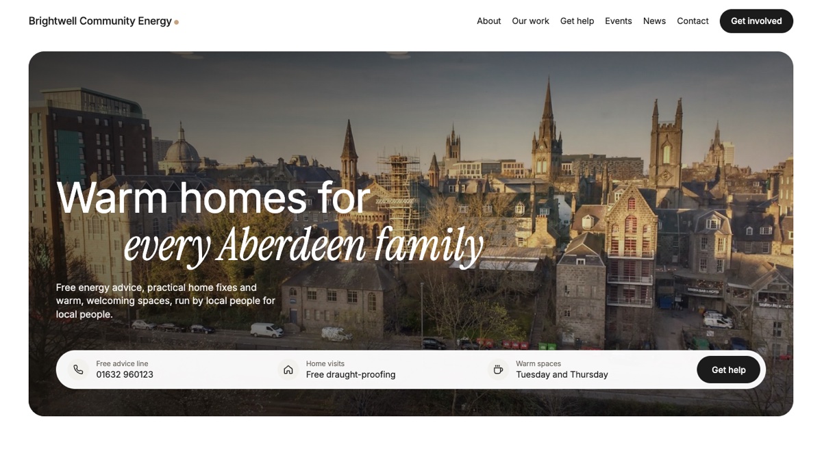 Brightwell Community Energy home page, with the heading Warm homes, lower bills and a fairer energy future