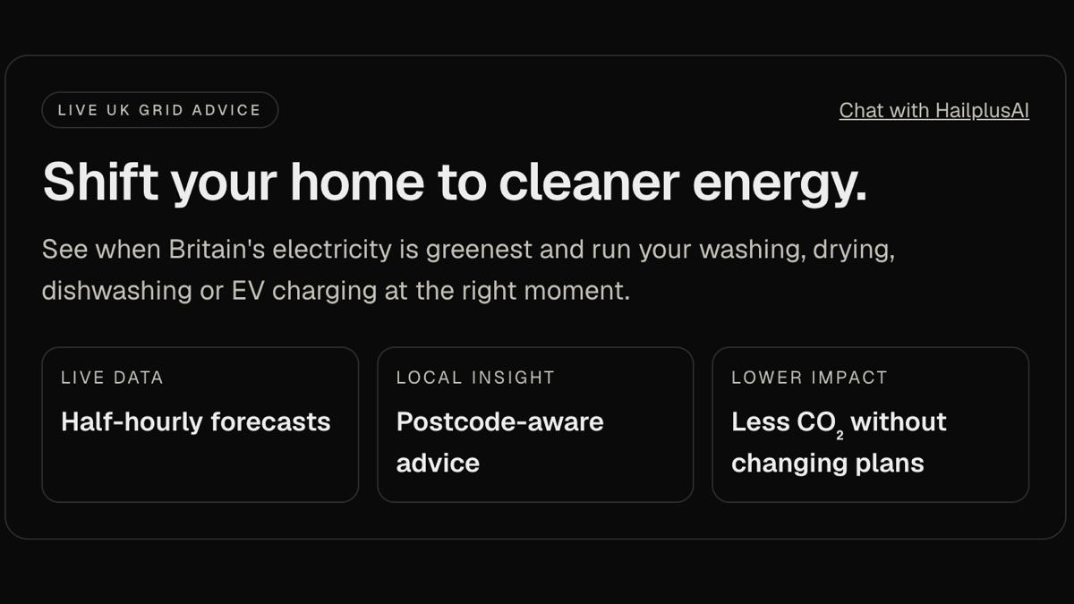 Carbon Helper home page with the heading Shift your home to cleaner energy and a link to chat with HailplusAI