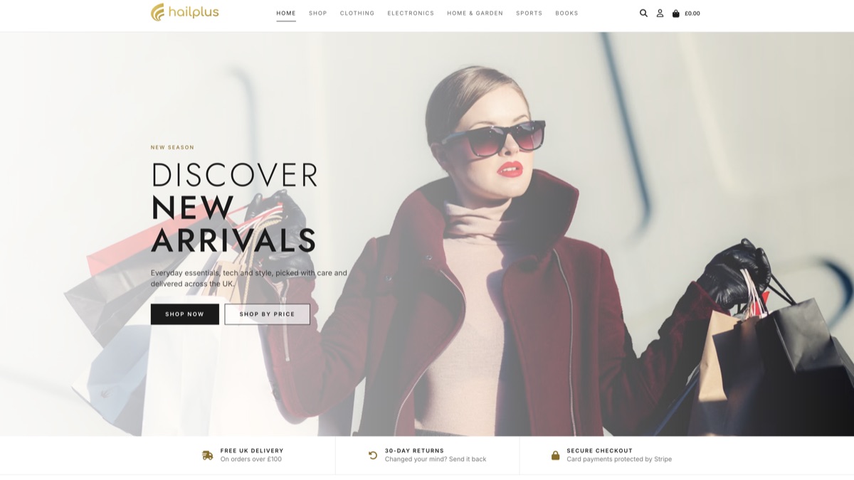 Hailplus home page, showing the store navigation and a new arrivals banner