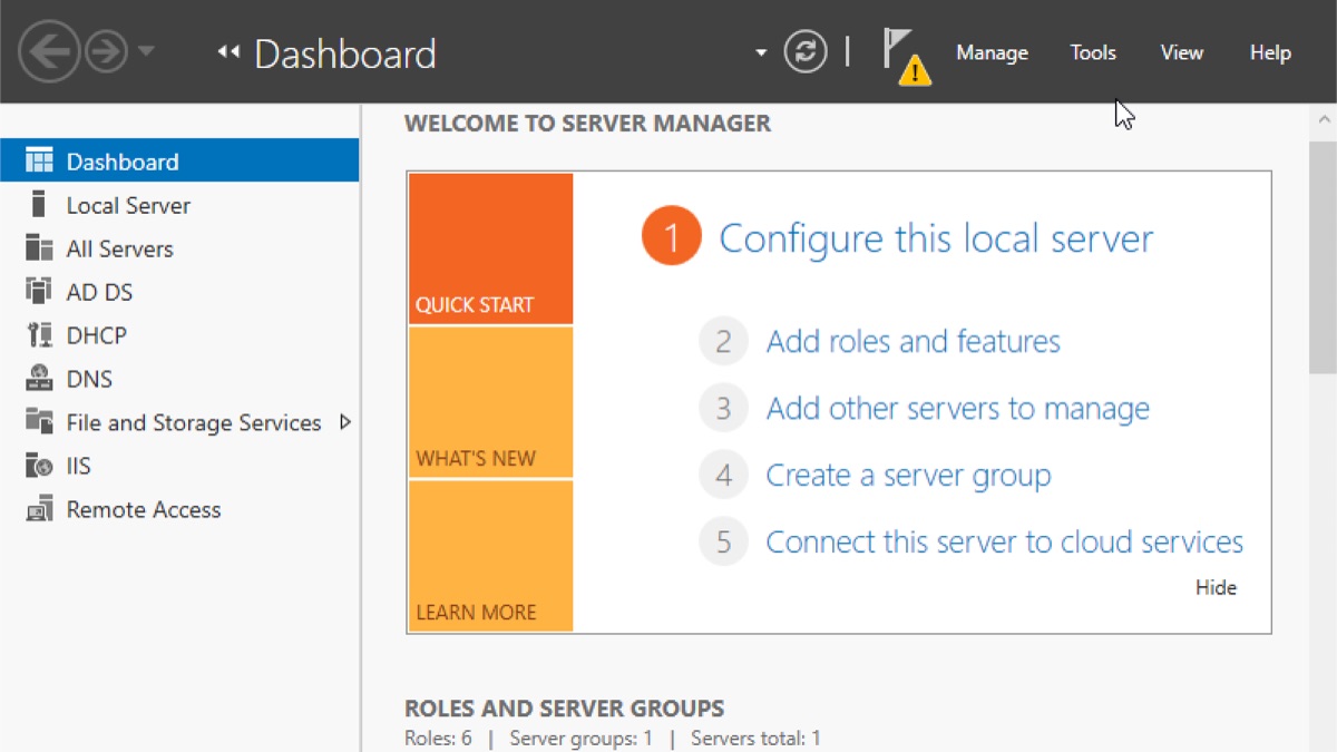 Windows Server Manager dashboard listing the AD DS, DHCP, DNS, IIS and Remote Access roles